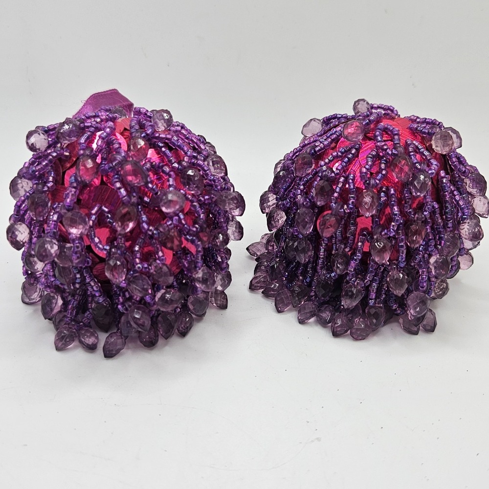 Vintage Pair‎ Beaded Christmas Ornaments Purple Pink Sequin Glass Ball 3" Boho